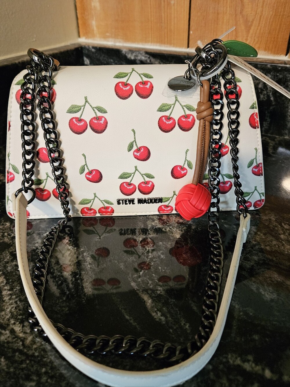 NWT Steve Madden Cherry Print Crossbody Bag Cream White with Red Cherries Charm
